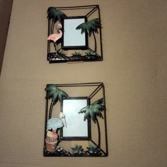 2 BEACHCOMBERS COASTAL LIFE Metal Frames DECOR WITH Tropical Flamingo Palm Trees - Picture 8 of 14